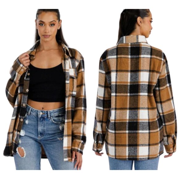 nine britton Jackets & Blazers - NWT Nine Britton Boyfriend Shacket Plaid Flannel Almond Brown Black SZ XL/XXL